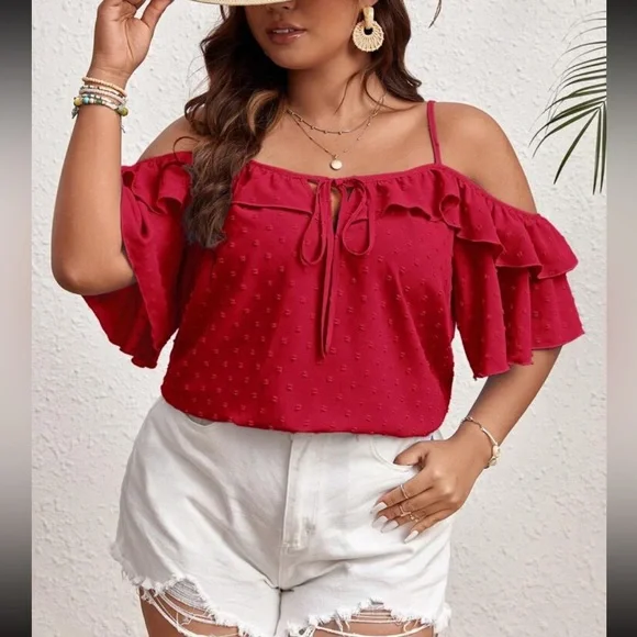 Plus Size Ruffle Off The Shoulder Top Blouse Shirt Red - Picture 4 of 4